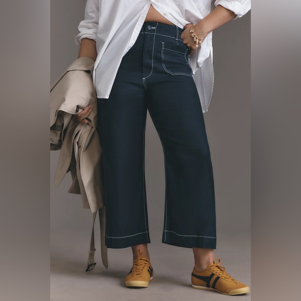 Maeve The Colette Wide-Leg Dark Blue Pants with Contrast Stitching - EUC Size 32